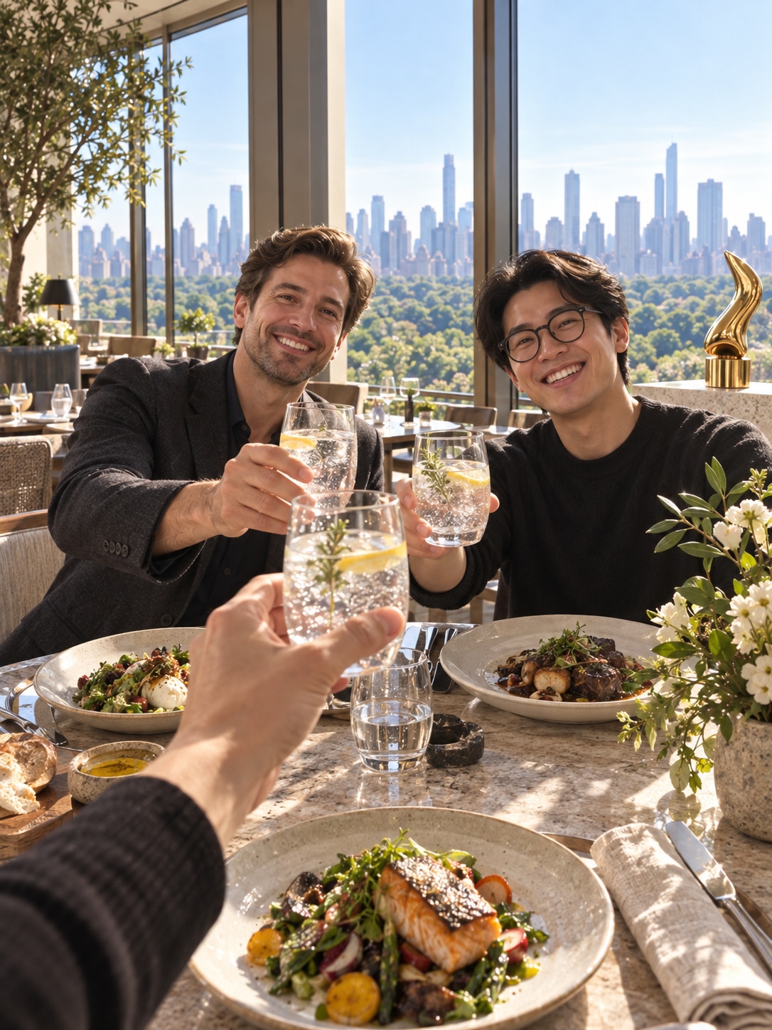 街を望む食卓で、二人の仲間とグラスを合わせて成功を祝う完成例